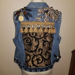 LAST CALL Embellished denim jean vest buttons lace
